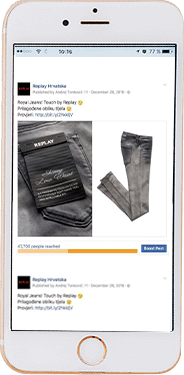 Prikaz specifičnih oglasa koji ističu funkcionalne prednosti i benefite koje donosi Replayev jeans